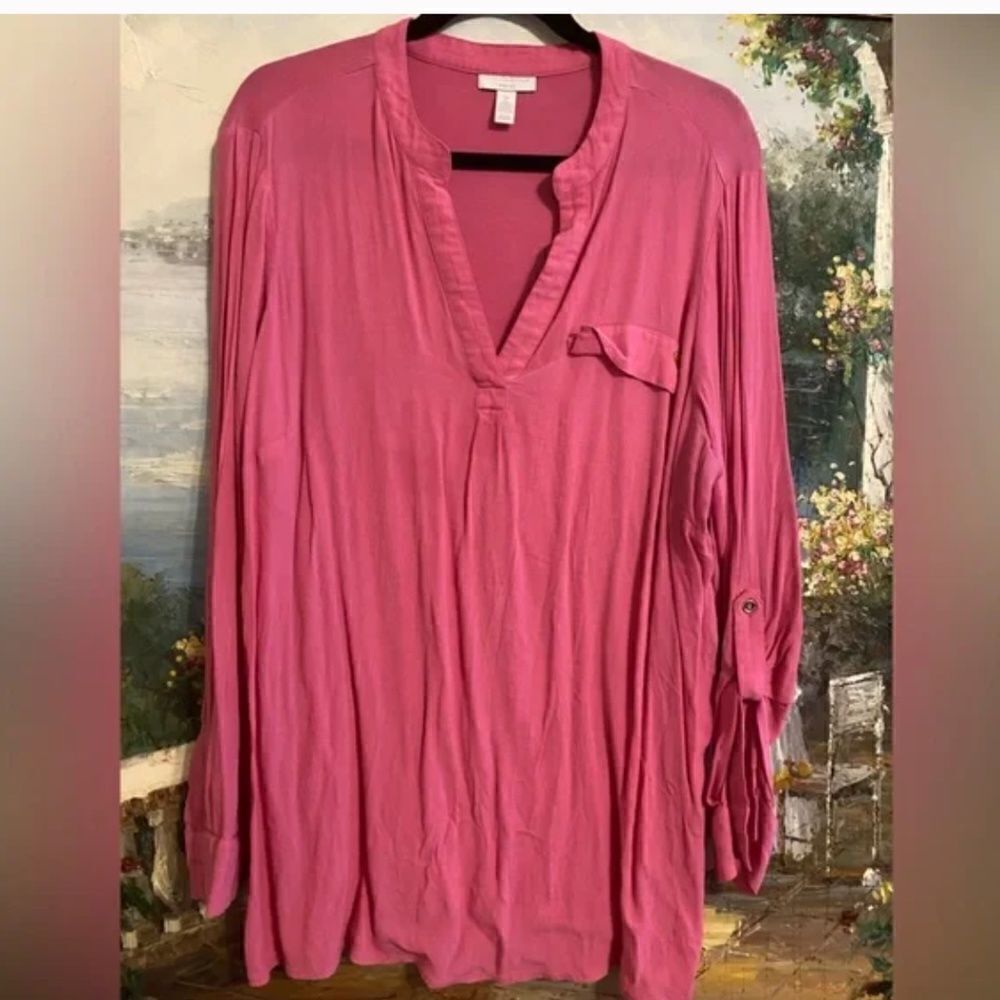 Charter Club Woman 2X pink pull over Henley style blouse with roll up sleeves